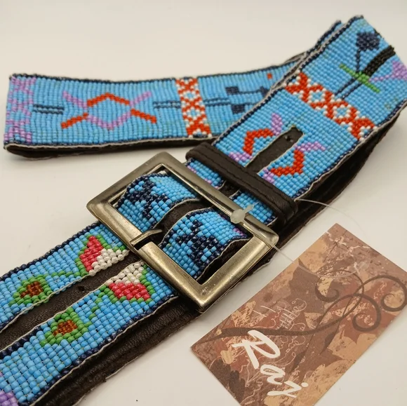 RAJ Beaded Belt - Animal & Flower Designs Sky Blue Multi Color NEW WITH TAGS - Picture 1 of 13